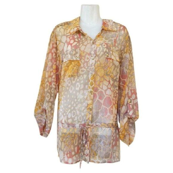 Lark Lane Orange Sheer Geometric Button Down Roll Tab Sleeve Shirt 12 - Picture 1 of 7